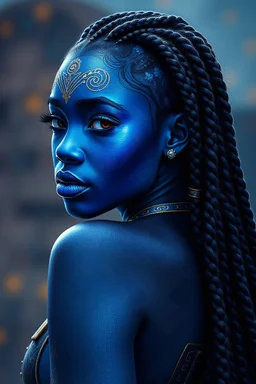 a beautiful young african woman with beautifully hyper-detailed blue face and a blue full body, hourglass figure, curvy hottie with gold and silver runes soft glowing on her skin, looking back over her shoulder, long black goddess braids hair, Android Jones, fantasy art, biopunk, cyberpunk art, field of depth, hyper-detailed, hyper-realistic.سايبورغ. صورة رائعة. تحسينات غنية بالألوان والإضاءة