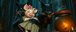 in magical black forest the bad hairy chest shiny mutant wolf carrying a lovely scared wtf are you up to, Korean pig girl with dress under his arms, big cauldron in the background in the style of fallout 4,