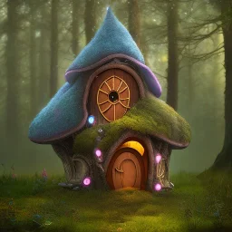 fairy house in the forest, blue and pink lights