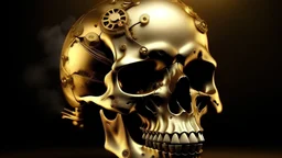 A human skull with metallic elements and natural looking growths of gold protruding from some areas. A steampunk smokey background. Dark comic style