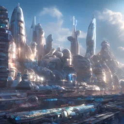 Spaceport on a heavy industrialized planet with a vibrant city in the background and a starting spaceship in the foreground, art by John Berkey, buildings with glass facades, insanely detailed, vibrant, 8k uhd, cinematic atmosphere, ultra-wide angle, street level view, brush strokes, blue sky with clouds, sharp focus