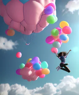 Ultra realistic speed clouds sky scene, wide angle view, sweet childs falling down, inflatable color clothing, free jumping flying, many trinkets, hair monster, many jelly beans, balls, color smoke, smile, happy, circus style, extreme, wind, clouds sea, 20,000 feet altitude, stratosphere, soft color, highly detailed, unreal engine 5, ray tracing, RTX, lumen lighting, ultra detail, volumetric lighting, 3d, finely drawn, high definition, high resolution.