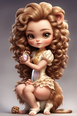 An adorable air brushed cartoon chibi Leo girl sitting crossed-leg, holding a tiny mirror and applying brown lipstick with precise care. Concentrating hard, her giant curly mane and poofy dress give her a cute lion cub look. Despite her small stature, her proud posture and flair represent her lion-like personality.