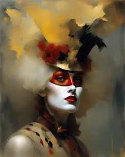 Digital Art of merry harlequin embodying the essence of merriment in a , minimalist approach, influenced by Luis Miranda, Jeremy Mann, Jeffrey Catherine Jones, blends conceptual art with elements of painting and illustration, somber tones, fragmented souls, shadow play, diffuse textures, abstract forms, digital painting, high conceptuality, palette inspired by Jeffrey Catherine Jones, golden ratio composition, fine detail, cinematic lighting.