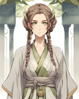 Anime,"anime artwork {a half-elf with brown hair and grey eyes wearing a kaftan is looking at the viewer with an intense gaze and a grumpy and annoyed expression. Her hair is tied into a loose braid, her cheekbones are high and prominent, her skin has a light-olive tone, she is tall and slender with delicate build, her bust is large, her waist is narrow, and her hips are wide. The character is a tsundere} anime style, key visual, vibrant, studio anime, highly detailed, realism"