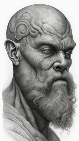 ππ§π€π’π₯π© highly detailed graphite illustration, A surreal viking with exaggerated anatomical features, heavily wrinkled skin, and an intense, contemplative expression. bald head, thick eyebrows, long beard merge into swirling abstract shapes. Large, expressive hands, one covering the mouth and the other gripping the forehead tensely. Mysterious, introspective, dreamlike, somewhat dark fantasy. #ππ§πart #prompt