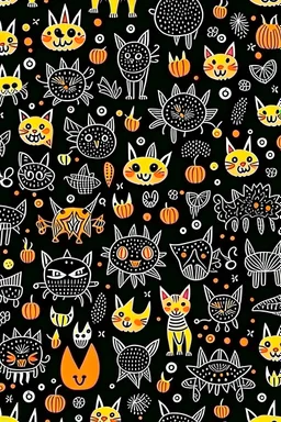 halloween pattern with black cats, bats, skeletons, and witches in a cartoon style
