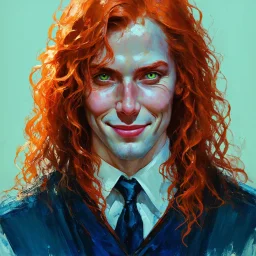 dnd, fantasy, watercolour, stylistic, portrait, illustration, dull colours, male, face, narrow long face, weathered face, green eyes, determined, happy, red hair, very long hair streaming down the shoulders, radiating light, five o'clock shadow, softer facial features, dignified