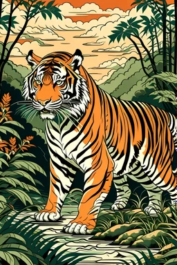 tiger art like this https://www.sundarbanwildlifetourism.com/wp-content/uploads/2022/05/sundarban-tiger-safari-india.png in ukiyo-e art style