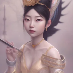 smooth hyper realistic, beautiful Japanese goddess, pale colors, run on dark cosmos background, cat еye, extremely sharp detail, finely tuned detail, ultra high definition, 8 k, unreal engine 5, ultra sharp focus, accurate sword wings, positive smile, lot of details, fit within portrait, Ambiance winter, perfect composition, perfect hair, perfect hands, finger up gestures