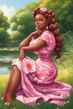 An airbrushed illustration of a curvy black cartoon woman sitting relaxed on a sunny riverbank, lush green grass surrounding her. Facing left in profile, she has flowing chestnut hair styled in an elaborate braided twist. complementing the pink floral maxi dress wrapped snugly around her exaggerated curves. One hand touches her cheek lightly as she looks to the distance, brown eyes enhanced by long lashes and purple eyeshadow. Bold brown lips match the brown flowers on her dress