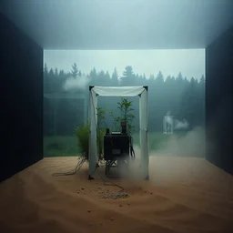 A photo of a closed environment in a dark closed space. In the background there is a forest. At the center, a structure made of plastic. Some electronical devices. Plants, clouds. The surface below appears to be sandy, with small accumulations of sand. Fog, powder. In the background, other forms or structures are visible, some of which are thin and transparent. The photo was taken with a Hasselblad H6D 400c camera.