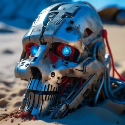 half destroyed robot head lying on sand in daylight, silver face parts, rgb lights rugged face, strings and metal pieces sticking, blue and red eyes bright glow lights, inner machinery look, oil leak, cinematic macro shot,