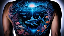 An amazing deep sea scene tattooed onto a human back in bioluminescent tattoo ink on a black background under UV light, high contrast, detailed, intricate, vivid, and vibrant.