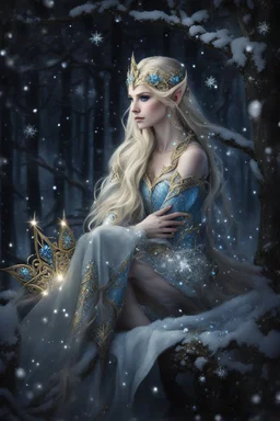 Elven princess,elven crown,long blonde golden hair,rapunzel hair,ice flowers,beautiful,light blue,dark blue,golden armor,sparkle,glitter,ice flowers,snow,elven ears,dark fairy princess