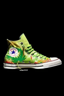 A red converse sneaker with weed leaves printed on the material, green, yellow and red colors