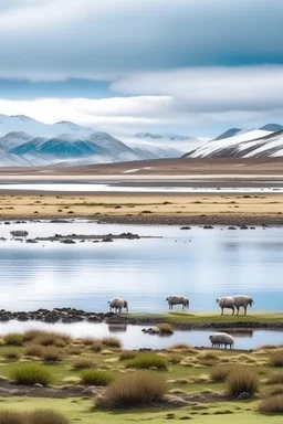 paisaje del sur argentino, con lago, día frio y nevado, incluyendo animales autóctonos.