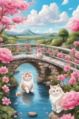 in the center: beautiful chunky cats dancing on a bridge , background: landscape, first plan: pink flowers and a small river with blue water, sky: white clouds with more cats sitting on them