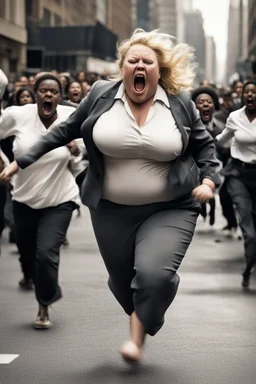 an obese terrified blonde white woman crying and sobbing in a pant suit desperately running away from an angry mob of thousands of all black people chase her down a city street