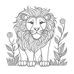 doodle style, lion, happy, cute animals, full view, realistic, coloring page, only draw lines, coloring book, clean line art, –no sketch, color, –ar 3:4, white background, minimalistic black lines, minimal black color, low level black colors, coloring page, avoid thick black colors, thin black line art, avoid colors, perfect shape, perfect clear lines,