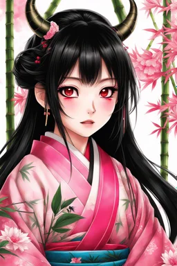 Cute Japanese girl, with pink eyes, a only horn on left side of head, dressed in her pink kimono and a black haori, black long hair with reddish tips, a piece of bamboo covering her mouth, drawing manga style, vibrant colors, in a manga book cover