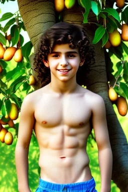 beautiful 12 year old arabic boy with long, curly hair and light blue eyes, smiling, shirtless, in front of a distant mango tree