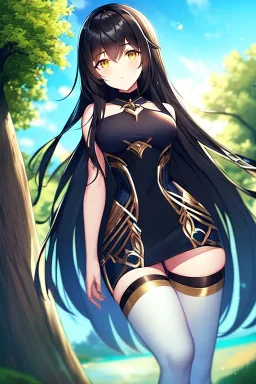 girl, masterpiece, best quality, volumetric lighting, detailed outfit, perfect eyes, black hair, golden eyes, long hair, thigh highs, outdoors, under tree,