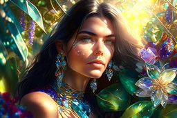 brunette woman in coloured glass gress set with gemstones, glittering metal stems and gemstone leaves in a flowergarden sharp focus elegant extremely detailed intricate very attractive beautiful dynamic lighting fantastic view crisp quality exquisite detail in the sunshine gems and jewels