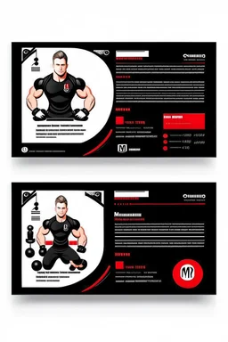 business card layout for a gym instructor, red and black, vector art with gym mechines, white background with email, address, phone number and Instagram icons