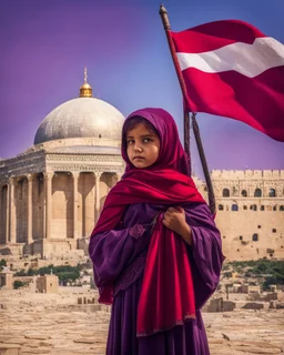 Artistic red purple little palestinian girl Holds a flag of Palestine In front of the Dome of the Rock , PRINT medieval style