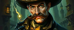 oil paint and airbrush, upper body portrait of clever crow vintage mustache thief quickling juggler man in then elven magical green city of Forgotten Realms, myth drannor, in the style of fallout 4