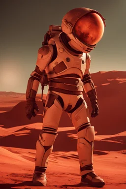 Cinematic, full-body shot of mars as a villain. With filmic color grading and dramatic lighting