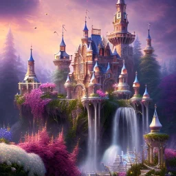 8K realistic dreamscape with magical white castle, Cascades of bright flowers, majestic, intricate, masterpiece, insanely detailed, cinematic smooth, intricate details , soft smooth lighting, soft smooth pastel colors, iridescent accents