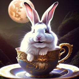 laughing bunny king sleeping, dreaming of the moon, drinking warm tea surfing waves on a teacup,misty fantasy art, book cover