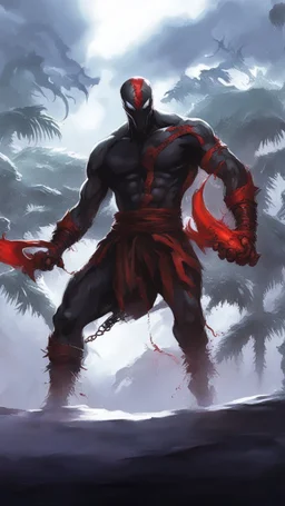 A close picture of Venom symbiote with kratos red tattoos and Clothes, holding blade of choice