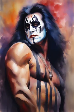 text "KISS", head and shoulders portrait, KISS Gene Simmons - well-shaped, perfect figure, perfect face, smiling, a multicolored, watercolor stained, wall in the background, oil painting in the art style of Frank Frazetta, 4k, 8k, 32k UHD, Hyper realistic, extremely colorful, vibrant, photorealistic, realistic, sharp, highly detailed, professional quality, beautiful, awesome, majestic, superb, trending on artstation, pleasing, lovely, Cinematic, gorgeous, Life like, Highly detailed