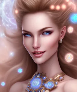 Femme cosmique, très belle ,radieuse,fine, jolie, yeux bleus, douceur, belles lèvres, sourire, belles dents, visage de côté, peau bleue,éclairage d'accentuation, cheveux blond ondulé avec des fleurs, collier en cristaux, très détaillé, pépites dans les cheveux, ultra realiste, code sur le front, volumetrique brouillard, ciel étoilé.