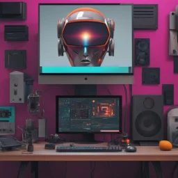 a computer monitor sitting on top of a desk, a computer rendering, inspired by Mike Winkelmann, computer art, cybernetic machine female face, colourful flat surreal design, a still life of a robot, neural machine