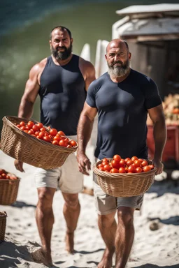 close up shot photography of two tired chubby muscular beefy hairy burly 39 years old ugly turkish carpenters, short beard, shaved hair, shirtless, manly chest, bulging white shorts, tired eyes, walking on the beach in the sun holding tomatoes baskets, big shoulders, side light, sweat and wet, ground view angle