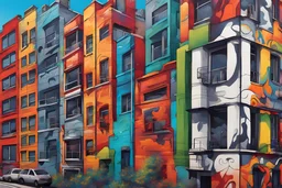 Colorful mural adorning urban city wall, Large-scale street art piece, Vibrant and dynamic colors, Detailed and intricate design, Cultural or abstract theme, Graffiti style with sharp lines and vivid hues, Adding vibrancy to cityscape, Realistic with a touch of urban artistry, Sharp focus on mural details, Bright and contrasting color palette, Digital illustration, Enhanced depth and texture,