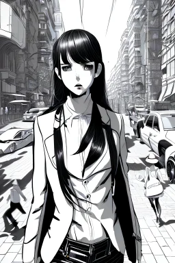 girl walk on the streets, manga style, line arts illustration