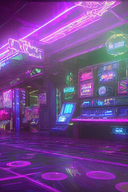 A dark photo of a full panoramic view an 80's aesthetics arcade at night, with a lot of functioning arcade machines, a vaporwave floor and some colorful tiles in between the floor. Purple aesthetics. Full panoramic view