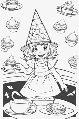 A little girl with a triangular party hat, enjoying a tea party with geometrically shaped cookies and cups. Use triangles for the hat, cookies, and other party decorations. very happy , Colloring page for todlliers ; basic hawali style cartoon , black and white , ink outlines , , smooth , anime style , minimalist , cute eyes , full body , white shose , sketchbook , realistic sketch , free lines , on paper , character sheet , clean line art high detailed