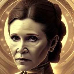 actress carrie fisher, ominous, waist up portrait, intricate, oil on canvas, masterpiece, expert, insanely detailed, 4k resolution, retroanime style, circular reflective eyes, cinematic smooth, intricate detail , soft smooth lighting, soft pastel colors, painted Renaissance style