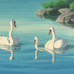 Seven swans swimming on a lake