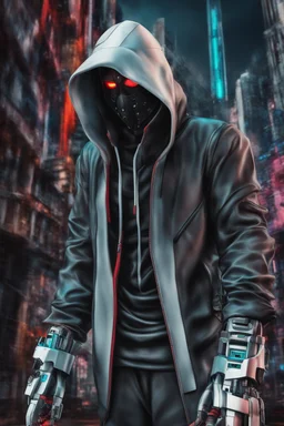 Impresionista style. 3D. Colorido. Whole body. Masterpiece of a hooded killer Cyborg, his eyes are intense, contrasting colors. Fondo ciudad