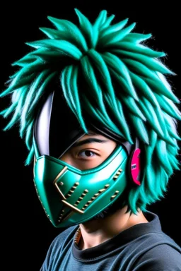 Create a metal mask similar to the one Izuku Midoriya wears in My Hero Academia, but have it extend to cover the full face. It should be gunmetal gray color and have symmetrical holes over the mouth area that glow slightly red. It should be worn by a rabbit and have a black hood. The character should not have hair.