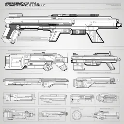 double internal page of the ASSEMBLY & DISASSEMBLY GUIDE FOR Futuristic Biometric Assault Rifle Blueprint Android Spec Sheets Diagrammatic Illustrations for androids, detailed instructions and diagrams