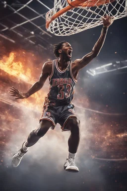 8k, highly realistic and detailed image of a NBA basketball player in action dunking the ball in the net, sweaty hair, screaming look,action and smoke and flames background