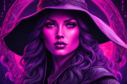 The witch in 8k sci-art drawing style, pink skin, purple glowing eyes, the which custom, howdy, neon effect, intricate details, highly detailed, high details, detailed portrait, masterpiece,ultra detailed, ultra quality